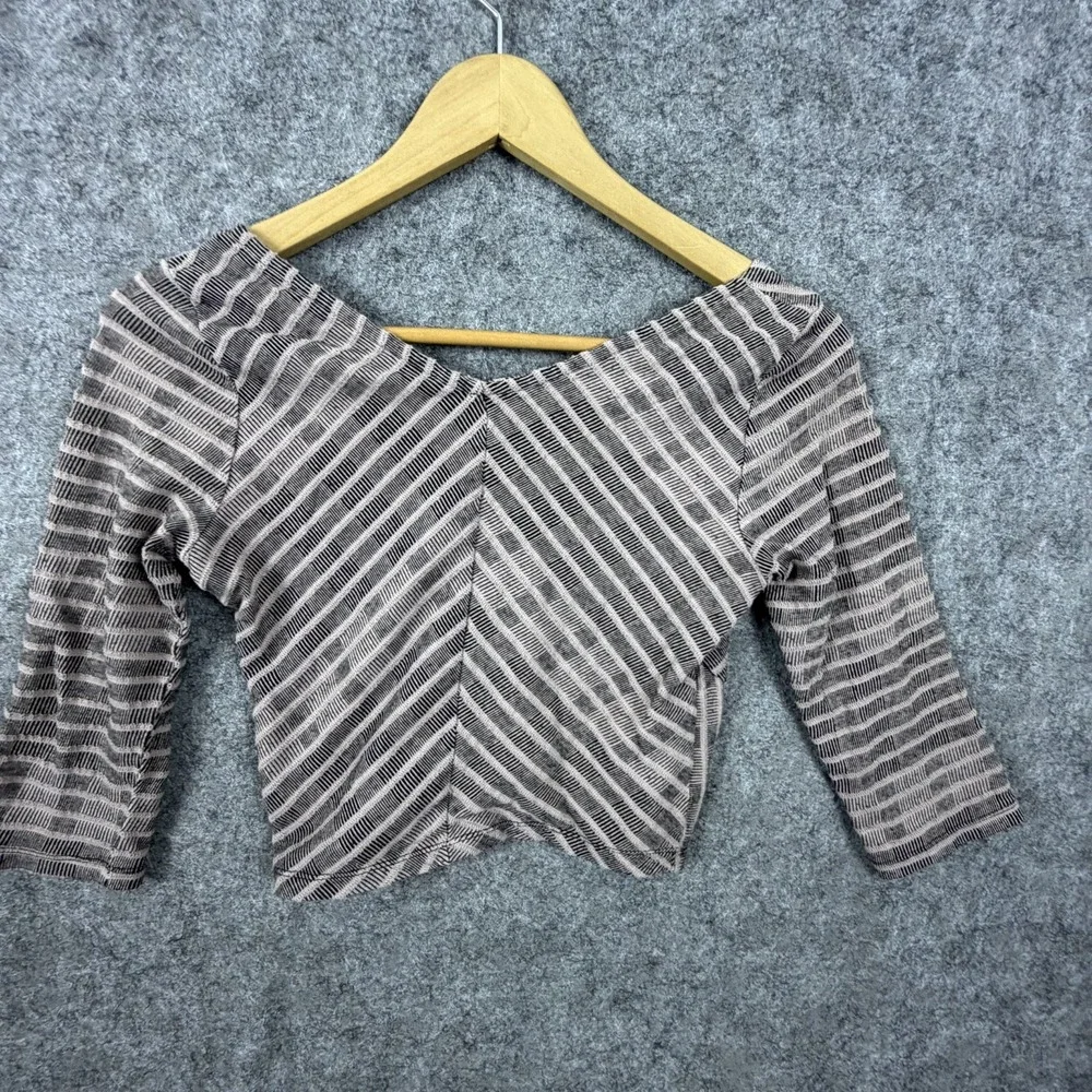 Free People Cropped Top Women XS Brown Striped Cotton V-Neck Pullover 3/4 Sleeve